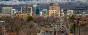 Boise, ID ariel view of downtown and mountains